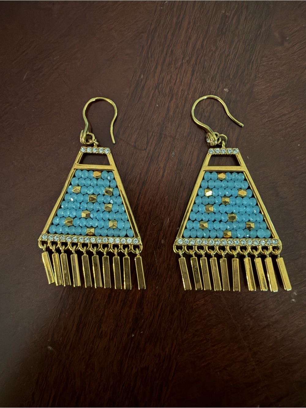 Henri Bendel Vintage Sky Blue Beaded w/ Crystals Triangle Gold Fringe Earrings